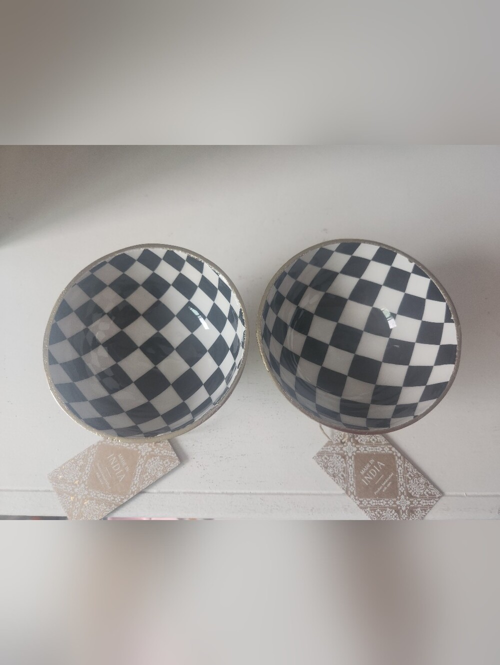 Gold Metal Pedestal Bowls with Black & White Checker Interior (Set of 2) - Picture 3 of 9